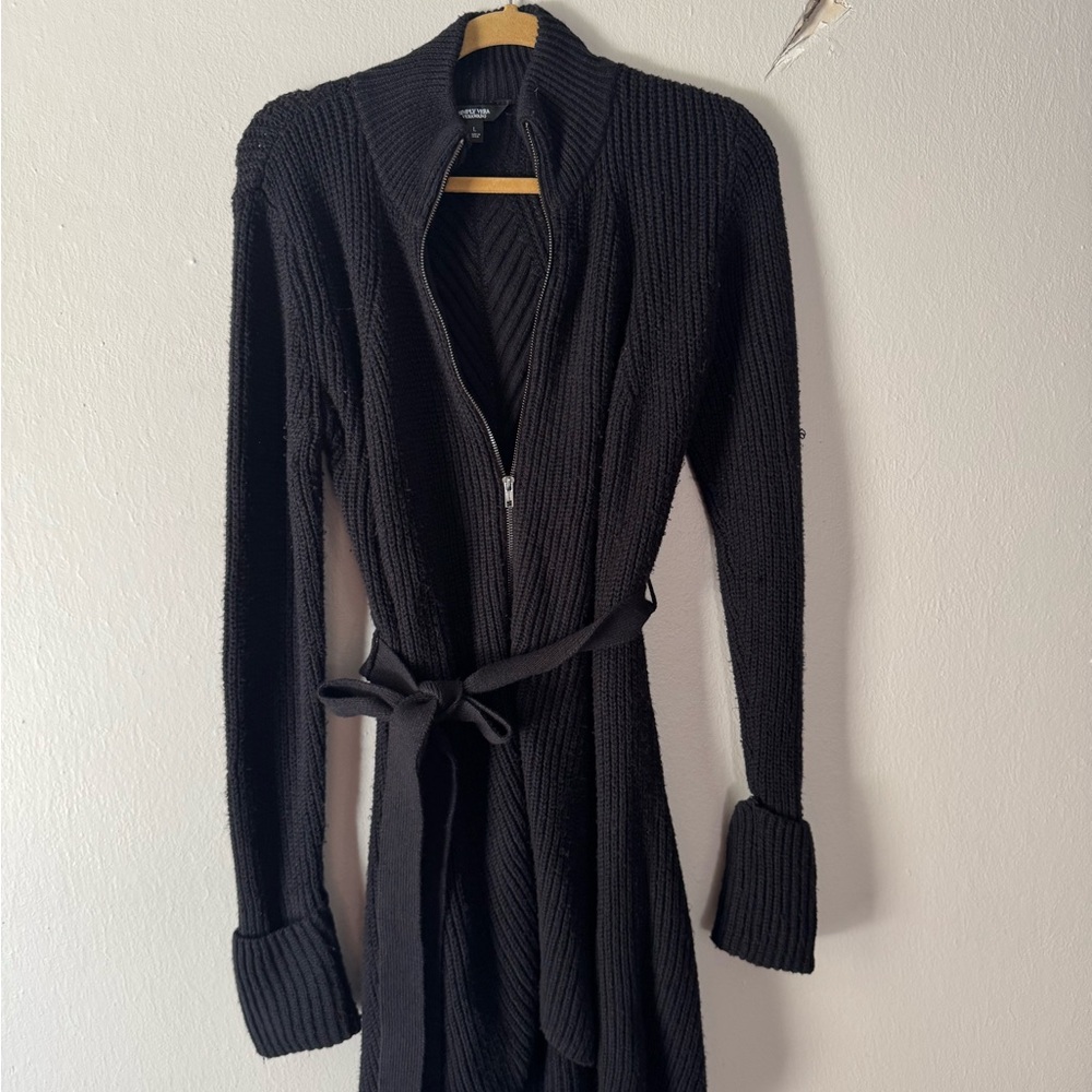 Black Knit Long Cardigan with Belt